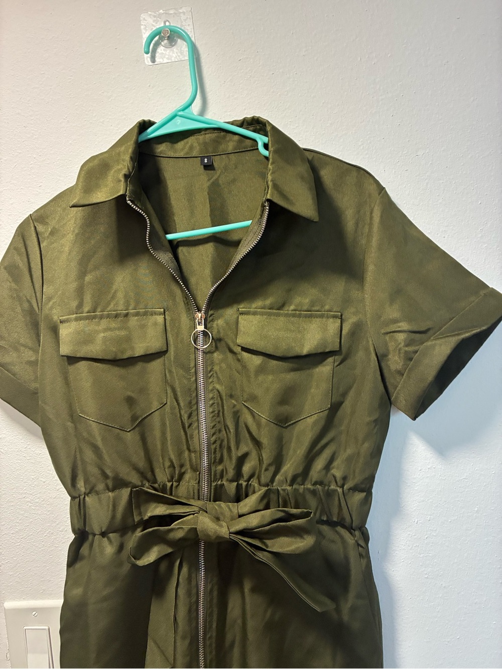 SHEIN Olive Green Short Sleeve Zip Front Utility Jumpsuit with Belt